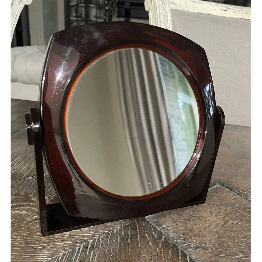 Vintage Brown Lucite Vanity Makeup Mirror Double Sided Swivel Tilt Tabletop